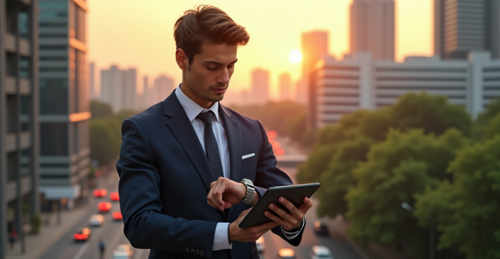 "A young professional navigates market trends, focusing on a smartwatch displaying cryptocurrency fluctuations and economic indicators on a tablet."