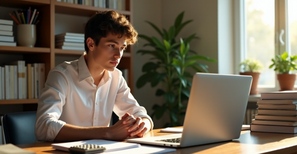 "A young adult focuses on cryptocurrency trading platform, surrounded by financial resources, conveying dedication to mastering crypto fundamentals for a smarter future amidst growing adoption trends."