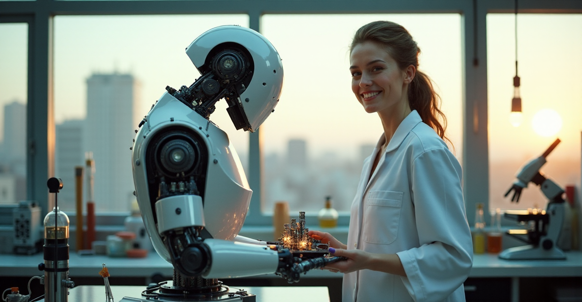 A scientist stands proudly beside a robotic arm in a well-lit laboratory, holding a mechanical device prototype amidst various scientific instruments and equipment, evoking a sense of innovation beyond cryptocurrency applications.