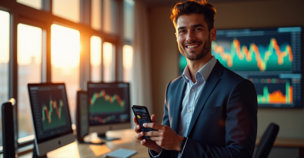 "A young entrepreneur confidently stands in front of a trading terminal, holding a smartphone displaying a cryptocurrency wallet app."