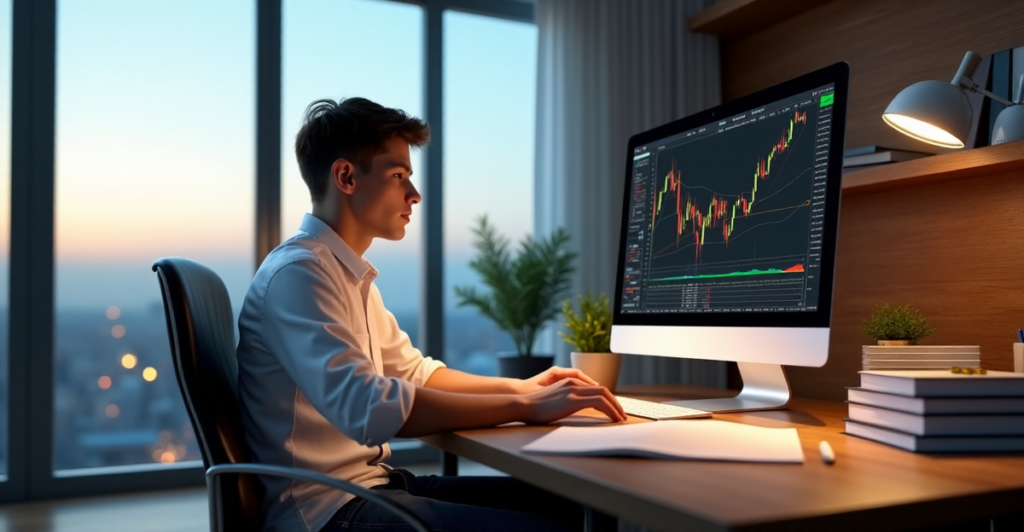 "A serene home office setting featuring a young adult studying cryptocurrency and finance, surrounded by books, papers, and plants in a warm natural lit space."