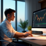 "A serene home office setting featuring a young adult studying cryptocurrency and finance, surrounded by books, papers, and plants in a warm natural lit space."