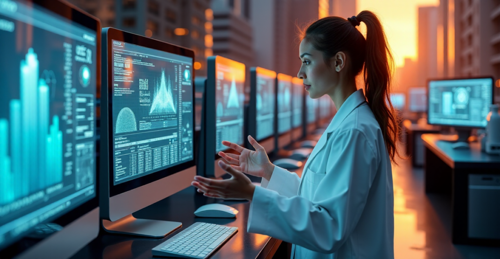 "A young female scientist in a futuristic laboratory, surrounded by cutting-edge tech, explaining cryptocurrency concepts to a colleague."