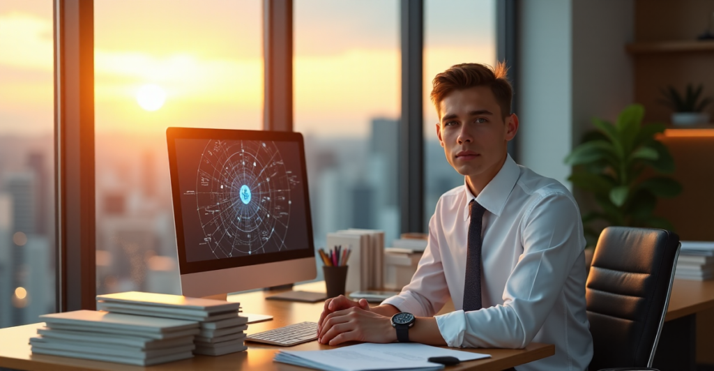 "A young professional sits confidently at a desk, surrounded by financial and technological resources, with a large computer monitor displaying an intricate network diagram behind them, highlighting their expertise in cryptocurrency and finance."