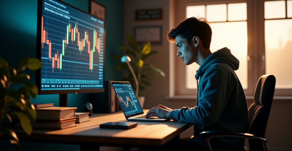 "A young adult student sits at a desk, focused on cryptocurrency trading platform, surrounded by finance books and market data monitor."