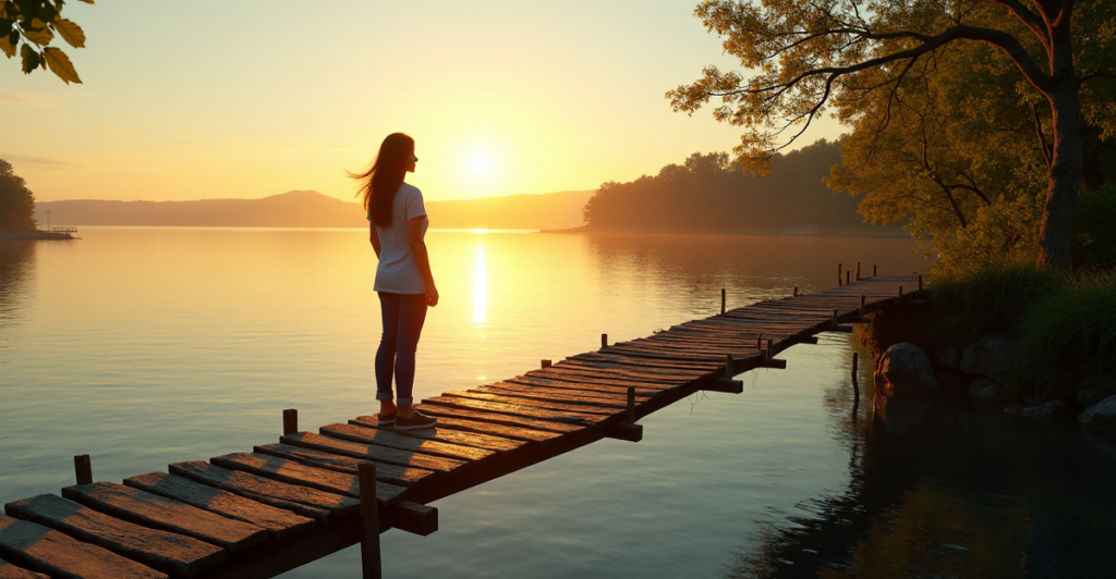 "A young woman stands confidently on a rickety wooden bridge above a serene lake at sunset, symbolizing determination in bridging cryptocurrency knowledge gaps."