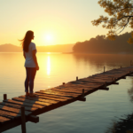 "Bridging Crypto Knowledge Gaps" "A young woman stands confidently on a rickety wooden bridge above a serene lake at sunset, symbolizing determination in bridging cryptocurrency knowledge gaps."