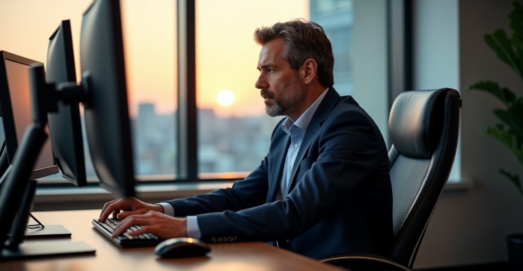 "A seasoned investor sits at a wooden desk, intensely focused on cryptocurrency charts and market trends on multiple computer screens."