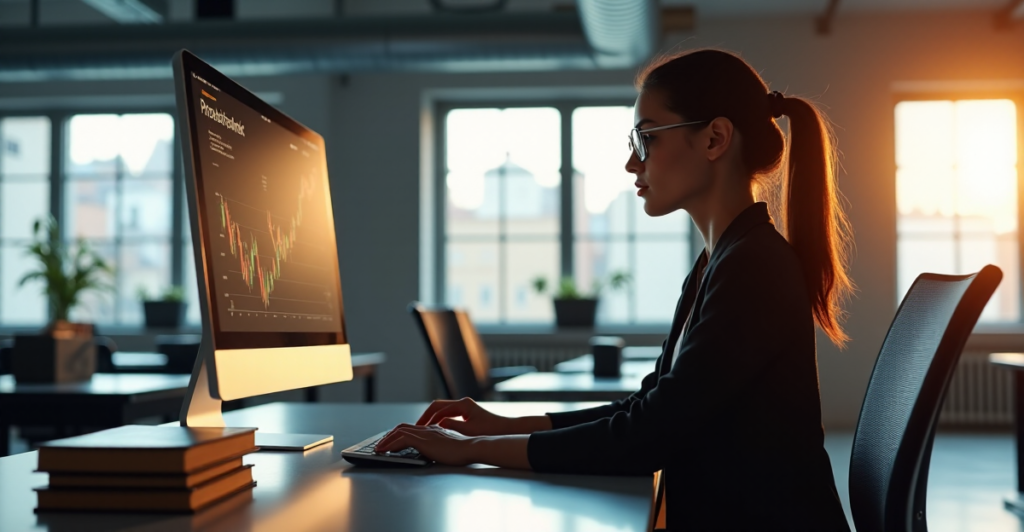 A young professional woman intensely studies a cryptocurrency trading dashboard on her computer while surrounded by law books in an industrial-chic office space, highlighting crypto adoption trends 2025 and regulatory focus.