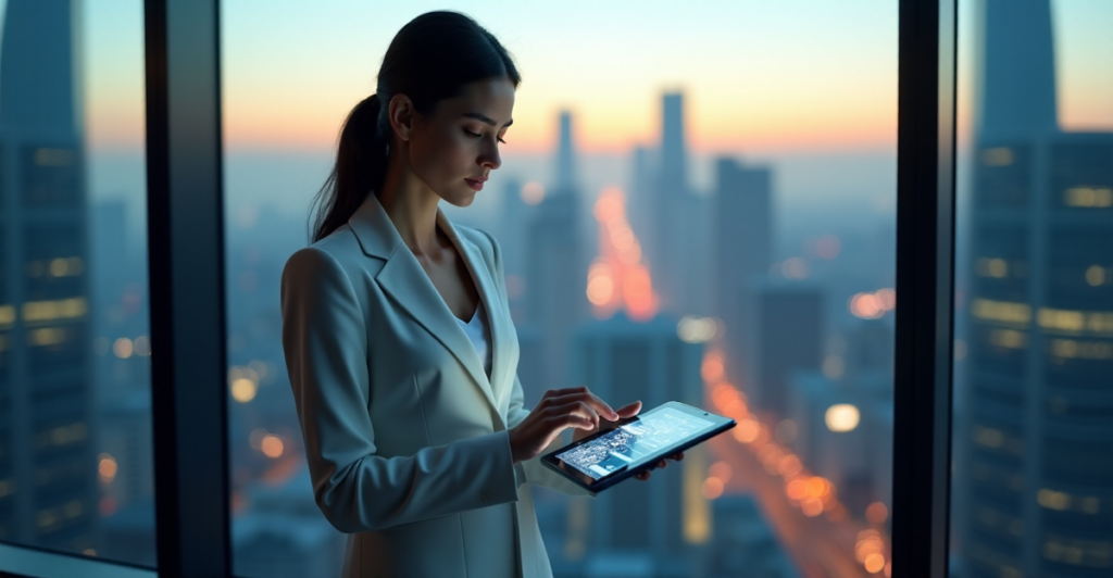 "A young professional stands confidently in front of a cityscape at dusk, holding a tablet displaying blockchain technology, conveying determination and expertise in navigating cryptocurrency regulation."