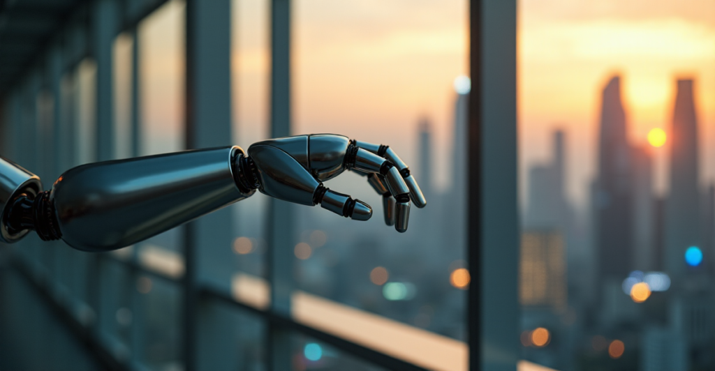 "A close-up shot of a robotic arm emerging from a futuristic laboratory background, with a cityscape unfolding in the distance."