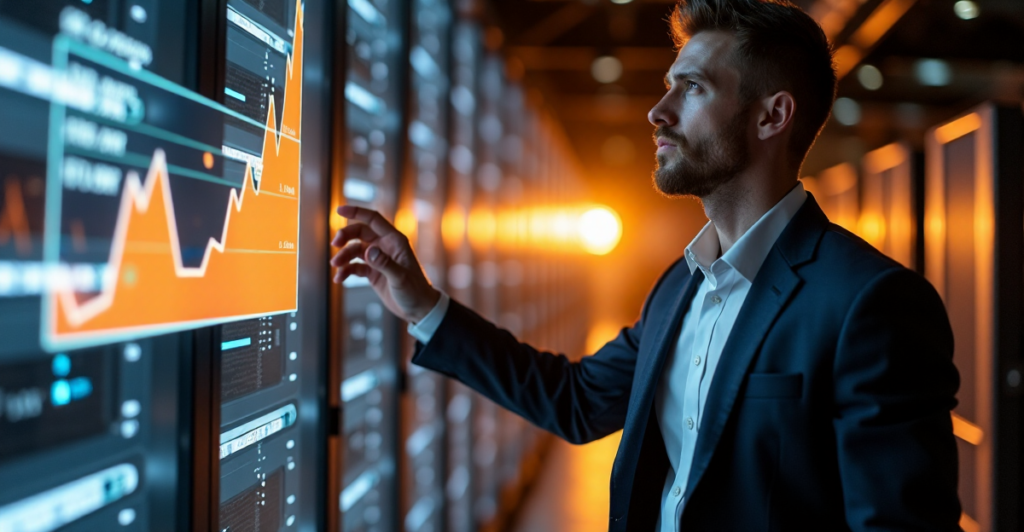 "A businessman stands confidently in front of a cryptocurrency trading platform, gesturing towards rising values on a curved screen."