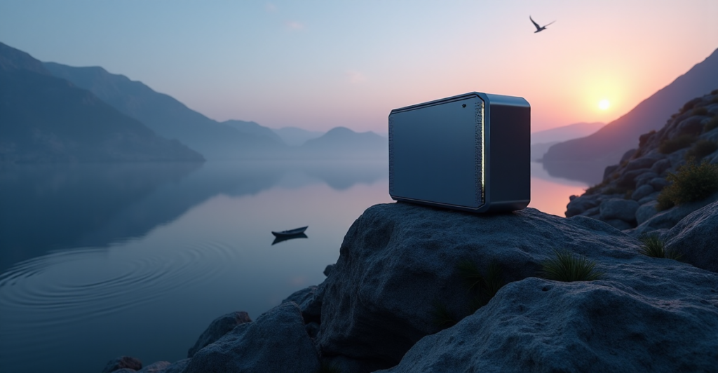 "A sleek cryptocurrency mining rig atop a rocky outcropping overlooking a serene moonlit lake at dusk."