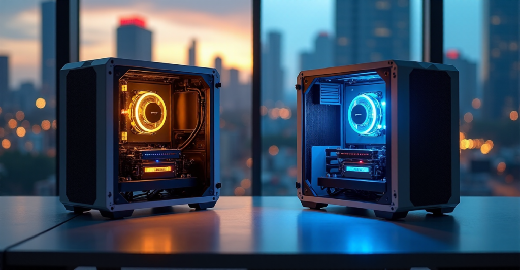 "Two sleek cryptocurrency mining rigs side-by-side on a minimalist desk in a dimly lit laboratory, representing Proof of Work (PoW) and Proof of Stake (PoS)."