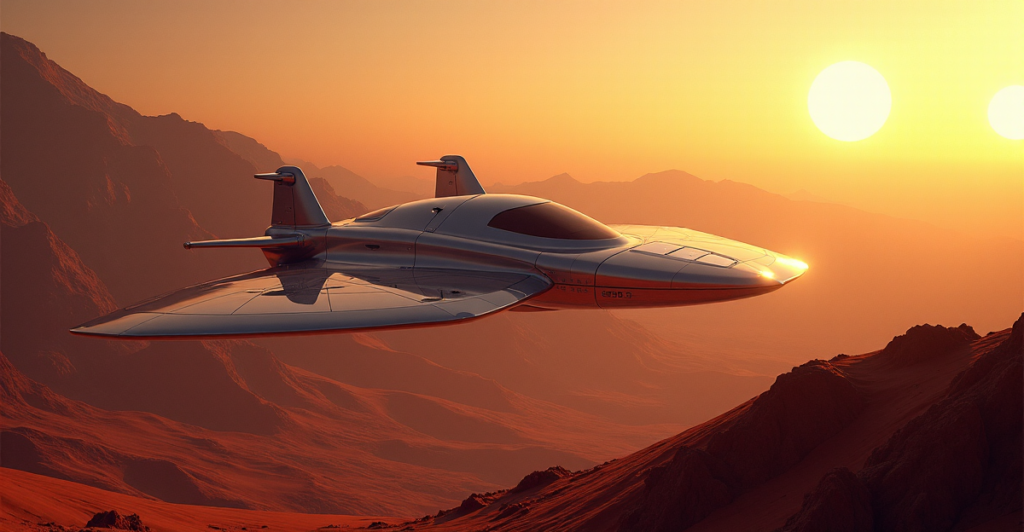 "An image of a futuristic spacecraft, Aurora, hovering above a distant planet's horizon, reflecting twin suns' warm light."