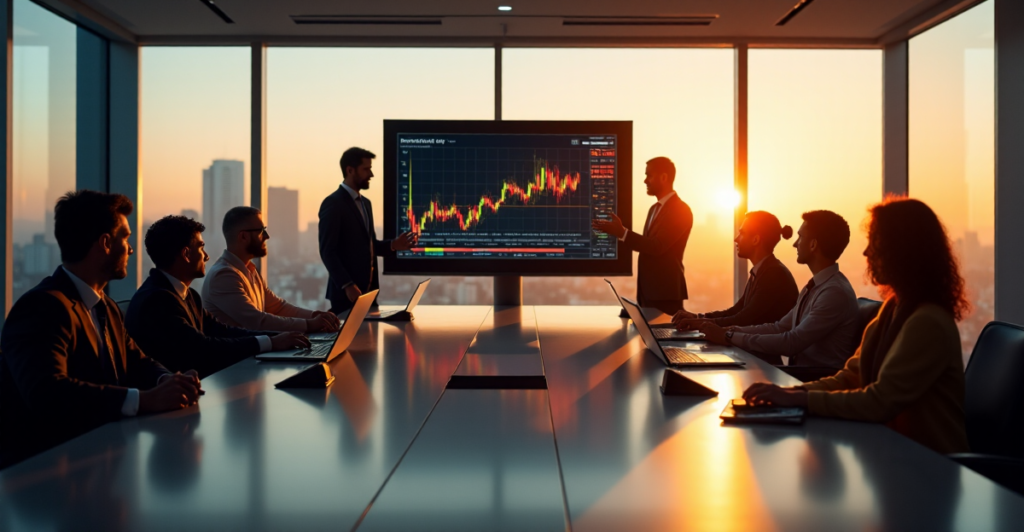 "A diverse business team gathers around a conference table, discussing crypto adoption trends 2025, surrounded by cityscape views and state-of-the-art technology."