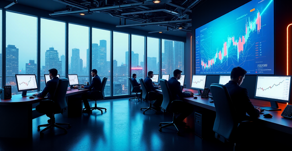 "A high-tech trading floor with cryptocurrency market trends displayed on a large curved screen, surrounded by futuristic computer workstations in a dimly lit cityscape at dusk."