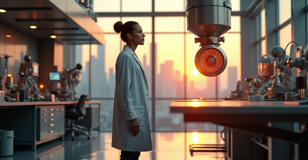 A scientist stands confidently in a futuristic laboratory surrounded by advanced technology, gazing at a 3D-printed spacecraft model amidst a cityscape at sunset, symbolizing innovation and limitless possibility for crypto adoption trends 2025.