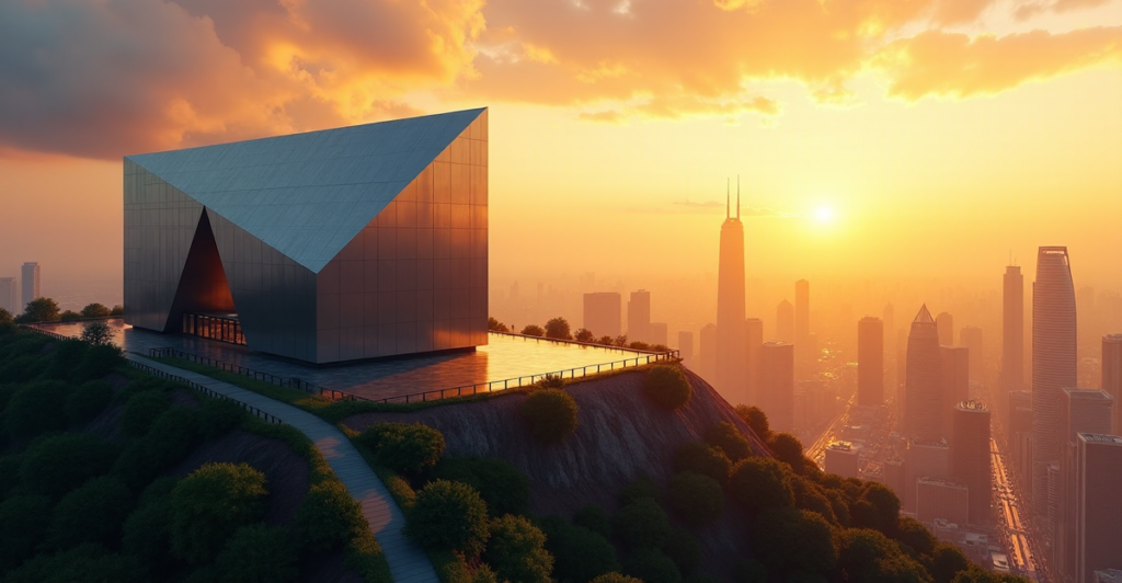 "A futuristic blockchain data center at sunset, situated on a hill overlooking a vibrant cityscape with towering skyscrapers and bustling streets, symbolizing innovation and progress in cryptocurrency technology."
