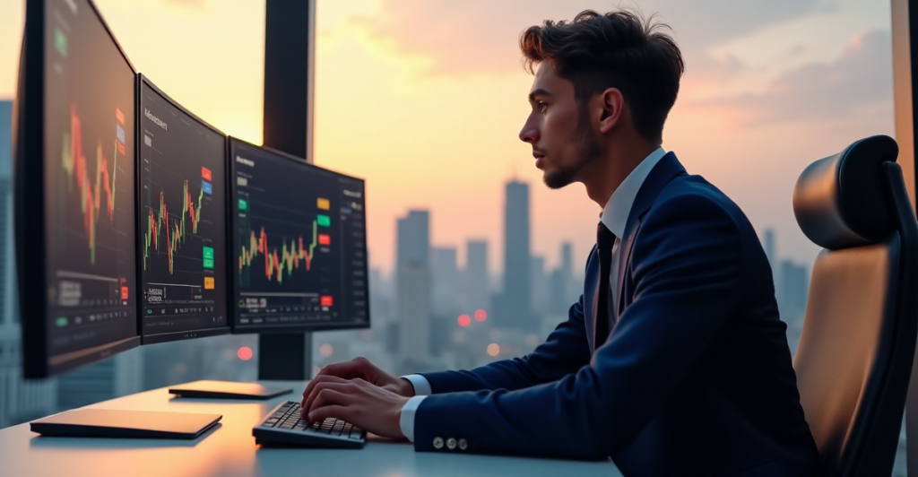A young professional sits at a desk, intensely focused on a trading terminal amidst a futuristic office with a cityscape view at dusk, conveying determination in the face of rapidly changing market forces, reflecting crypto adoption trends 2025.