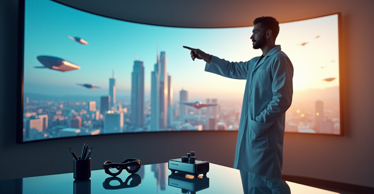 A scientist stands in a modern laboratory, gesturing towards a 3D cityscape on a display screen, surrounded by cutting-edge gadgets and devices, conveying optimism about emerging technologies like crypto adoption trends 2025.