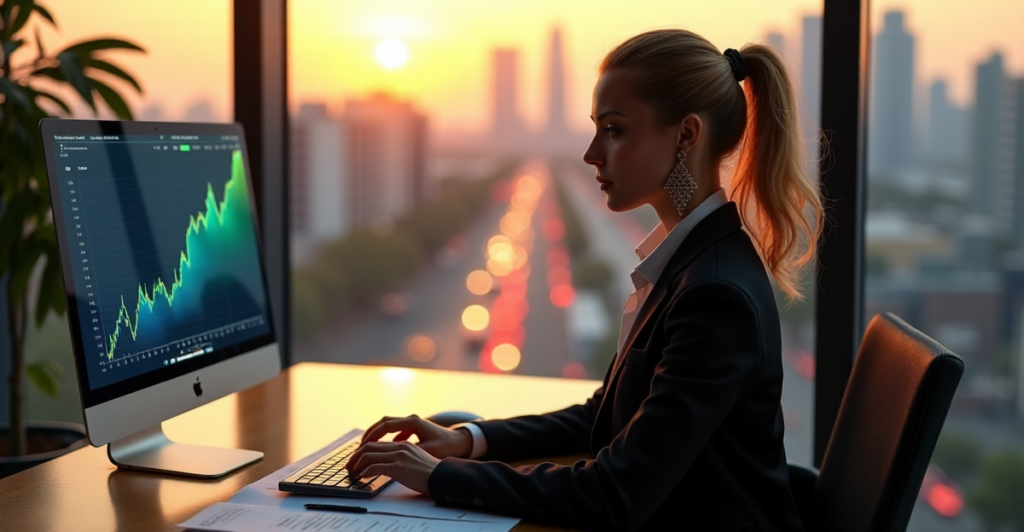 "A businesswoman sits confidently at a minimalist desk, gazing at a cryptocurrency trading platform on her computer screen amidst financial reports and luxurious accessories."