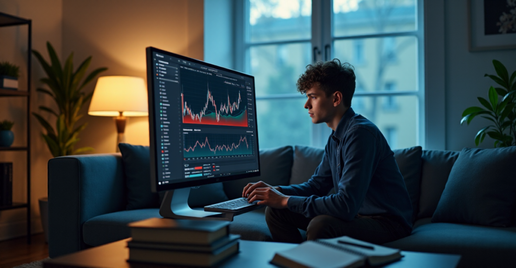 A young adult studies blockchain technology and digital currency on a computer while surrounded by books and notes in a dimly lit room with soft natural light."