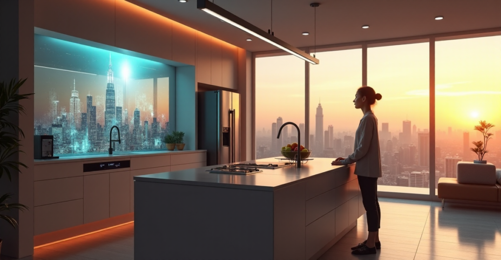 A young woman stands in a futuristic smart home, surrounded by high-tech gadgets, gazing at a 3D cityscape on a massive curved screen, symbolizing optimism and curiosity about emerging tech trends, including crypto adoption trends 2025.