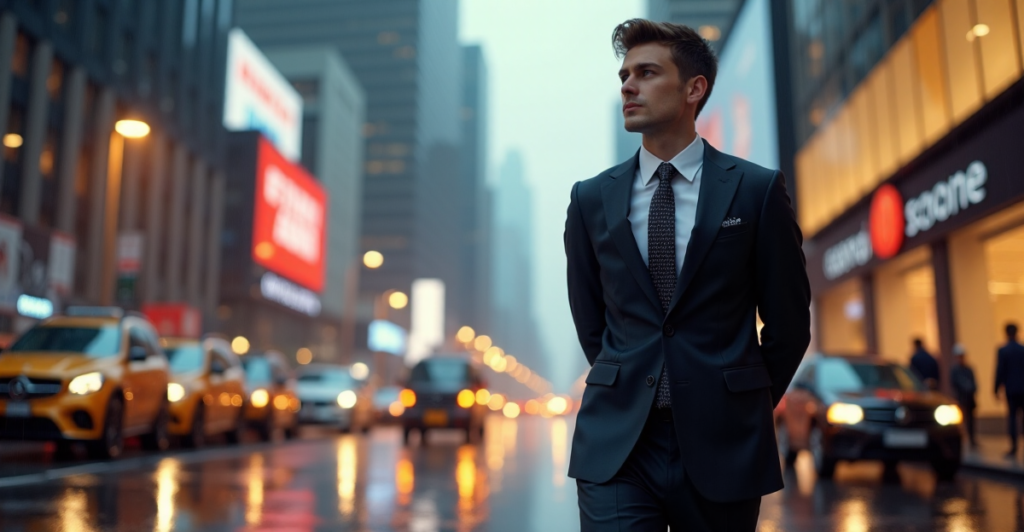 "A young entrepreneur stands confidently in a financial district, dressed in a sleek black business suit with a cryptocurrency-inspired tie, amidst rain and city lights."