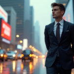 Navigating Market Dynamics for Crypto Success: From Risk to Opportunity "A young entrepreneur stands confidently in a financial district, dressed in a sleek black business suit with a cryptocurrency-inspired tie, amidst rain and city lights."