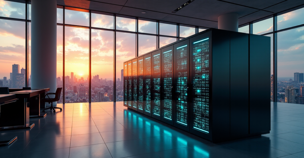 "A futuristic cryptocurrency exchange center with sleek computer systems and floor-to-ceiling windows offering a cityscape view at dusk."