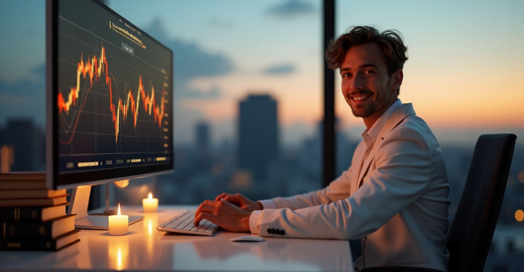 "A young adult sits confidently at a desk, surrounded by finance books and a computer displaying cryptocurrency market trends, set against a soft focus cityscape at dusk."