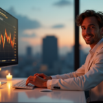 "A young adult sits confidently at a desk, surrounded by finance books and a computer displaying cryptocurrency market trends, set against a soft focus cityscape at dusk."