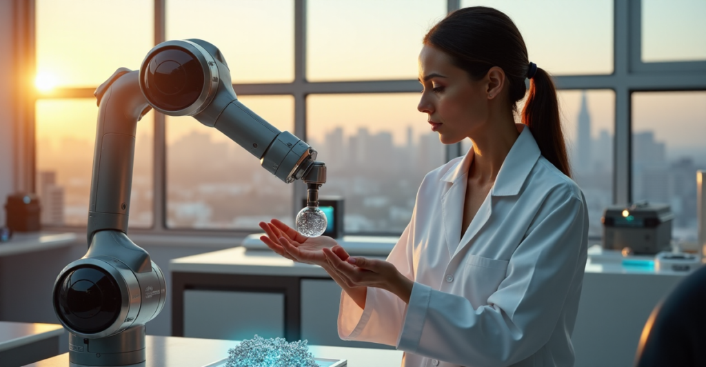 A scientist stands confidently in a state-of-the-art lab, studying a robotic arm holding nanotechnology-infused material, amidst cutting-edge equipment and cityscape at sunset, symbolizing innovation beyond cryptocurrency applications.