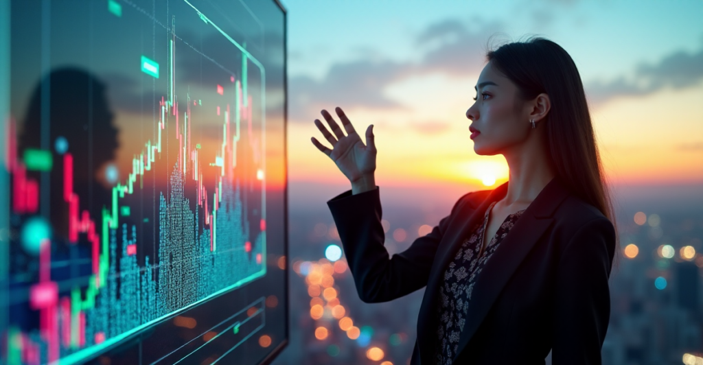 "A young Asian woman stands confidently in front of a digital screen displaying rising crypto market graph, set against a bustling cityscape at sunset."