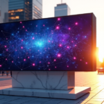 A futuristic digital billboard in a city square at sunset, displaying blockchain nodes with vibrant blue and purple hues, symbolizing innovation and cryptocurrency's impact on society.