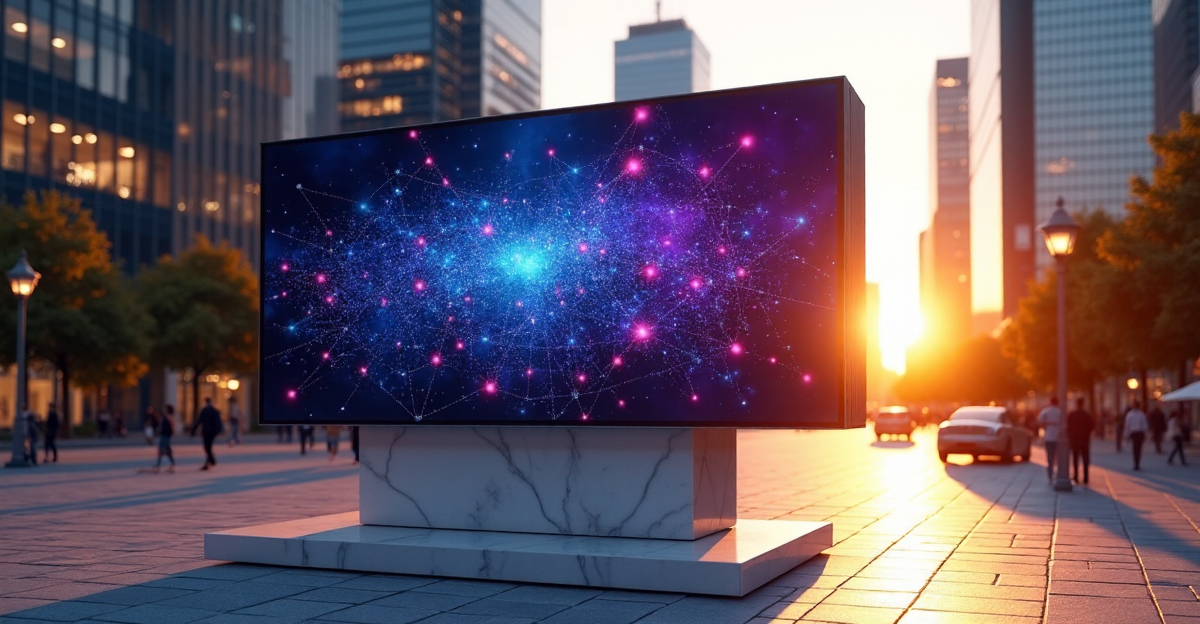 A futuristic digital billboard in a city square at sunset, displaying blockchain nodes with vibrant blue and purple hues, symbolizing innovation and cryptocurrency's impact on society.