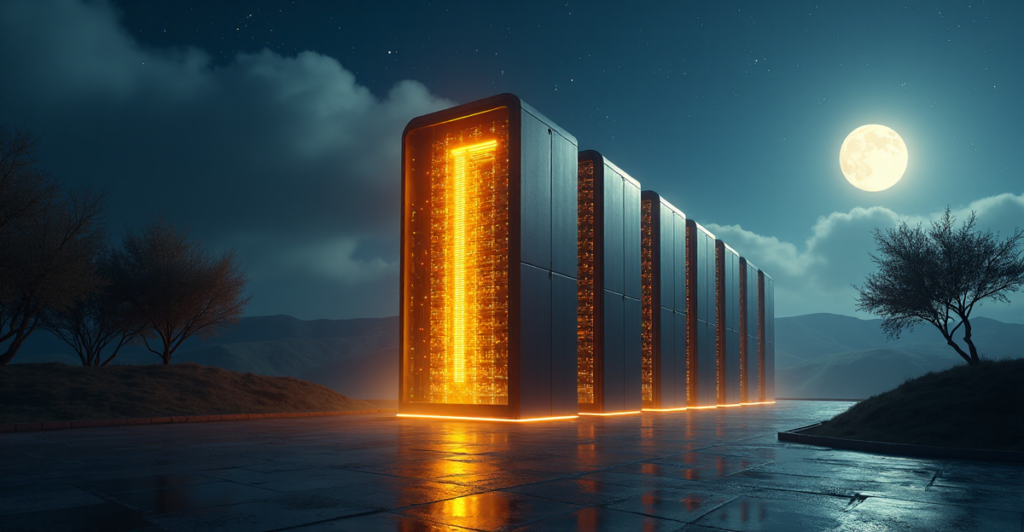 "A futuristic data center with a central blockchain server emitting a warm glow, surrounded by supercomputers and servers in a serene moonlit landscape."