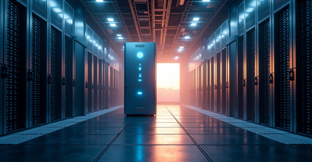 "A futuristic data center with a central blockchain server surrounded by computer equipment, emitting a soft blue glow, amidst high-density storage units and fiber optic cables in a dimly lit room with warm sunlight streaming through large windows."