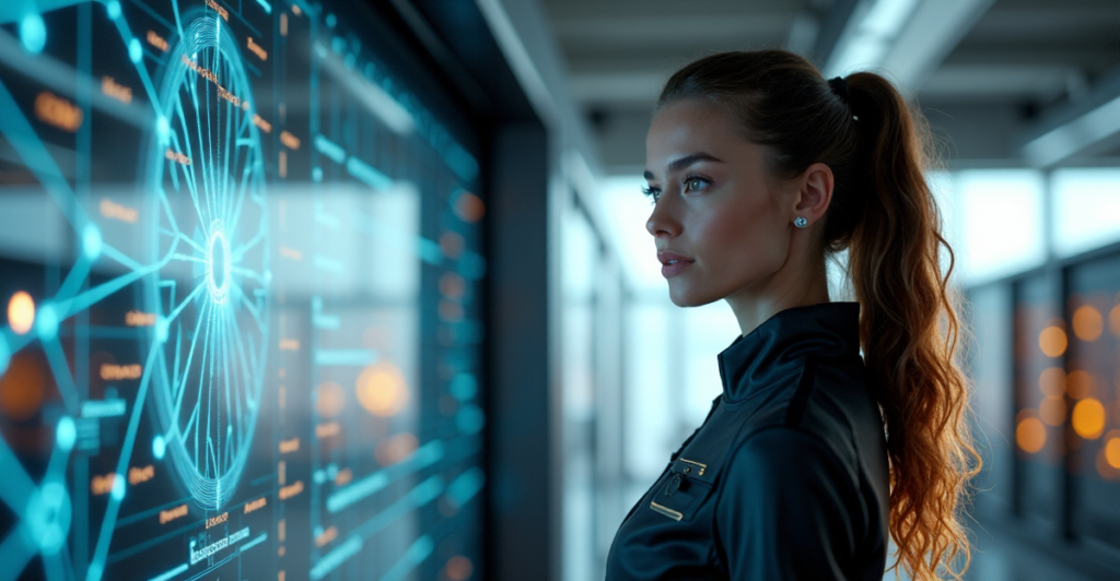 A young woman in a sleek black jumpsuit stands confidently in front of a massive screen displaying decentralized finance nodes, conveying determination and curiosity amidst futuristic laboratory surroundings.
