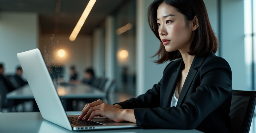 "A young Asian woman in a business suit sits confidently at a desk, gazing at a laptop displaying cryptocurrency market data."