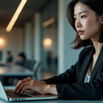 "A young Asian woman in a business suit sits confidently at a desk, gazing at a laptop displaying cryptocurrency market data."