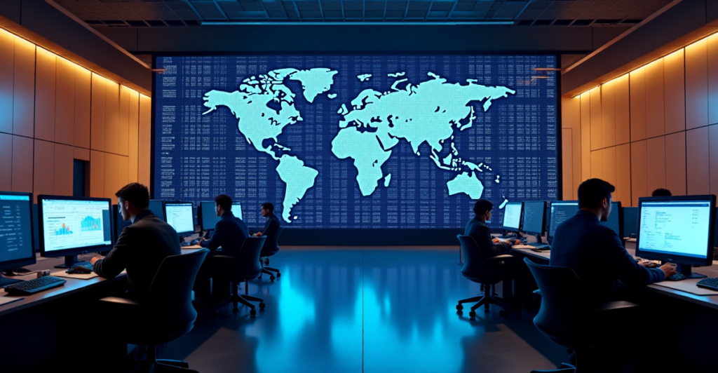 "A large-scale cryptocurrency exchange floor with a massive LED screen displaying real-time market trends and crypto prices, amidst dimly lit steel accents and analysts typing away on high-tech trading terminals."