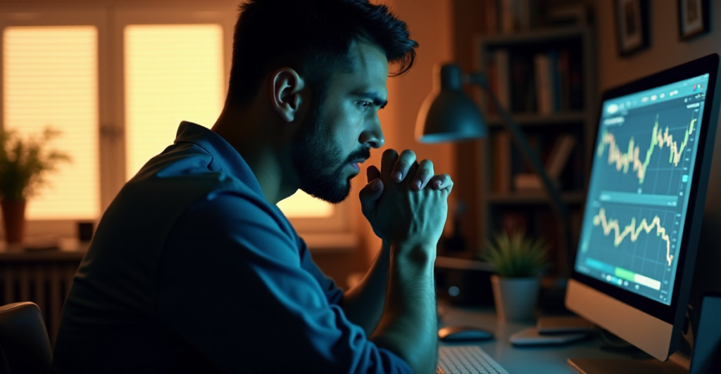 "A person sits intently in front of a computer displaying a cryptocurrency exchange platform, hands clasped together in concern."