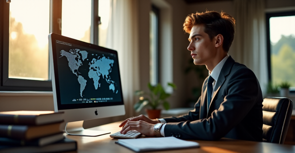 "A young adult studies cryptocurrency trading books in a home office with floor-to-ceiling windows, surrounded by blockchain network diagrams on a computer screen."