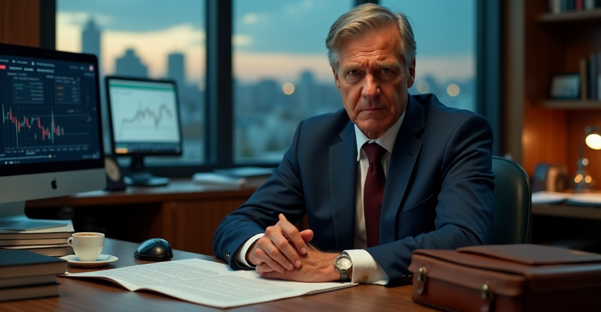 A middle-aged lawyer sits intensely focused at a wooden desk amidst financial documents, cryptocurrency charts, and computer screens in a dimly lit office with a cityscape view through a large window.