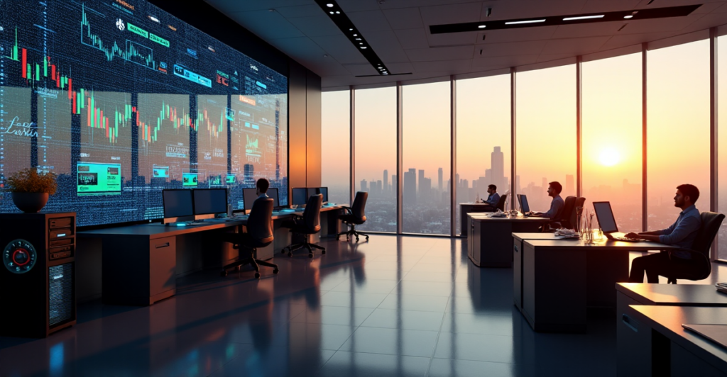 "A modern office space with a glass wall offering a cityscape view at sunrise, featuring a large cryptocurrency trading screen and high-end computers in a calm, focused atmosphere."