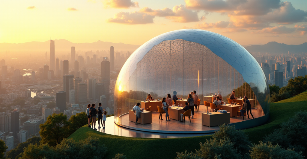 "Image of a futuristic DAO hub within a transparent glass dome overlooking a cityscape at golden hour, showcasing diverse individuals collaborating in a decentralized environment, reflecting crypto adoption trends 2025."