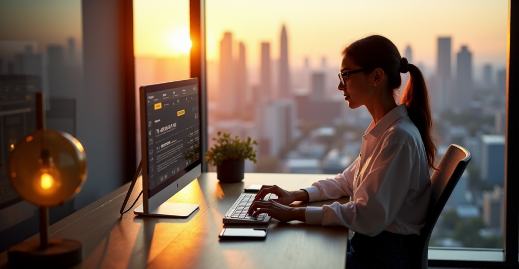"A young woman types on a high-end computer in a modern e-commerce storefront, surrounded by cryptocurrency technology and cityscape at sunset."