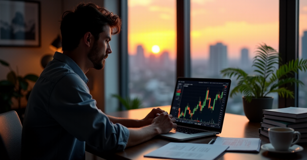 "A person intensely studying cryptocurrency market fluctuations on a laptop while reviewing financial books in a dimly lit home office with cityscape views."
